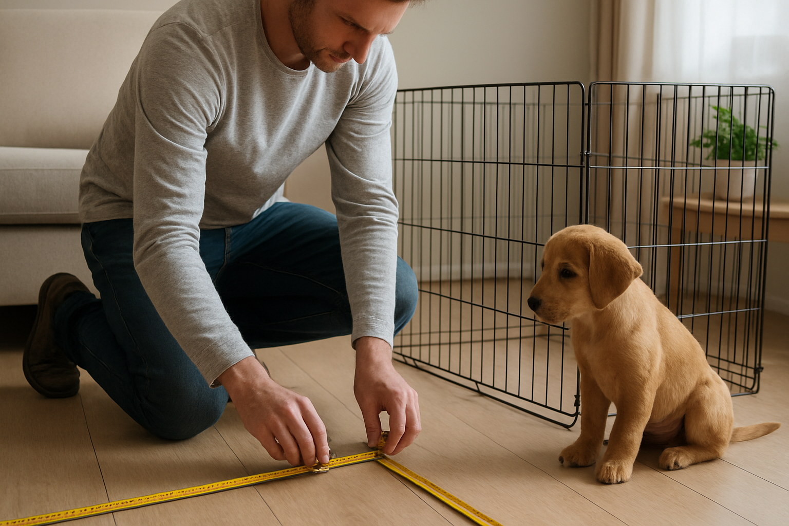 Owner measuring a safe location for a puppy playpen during house-training preparation