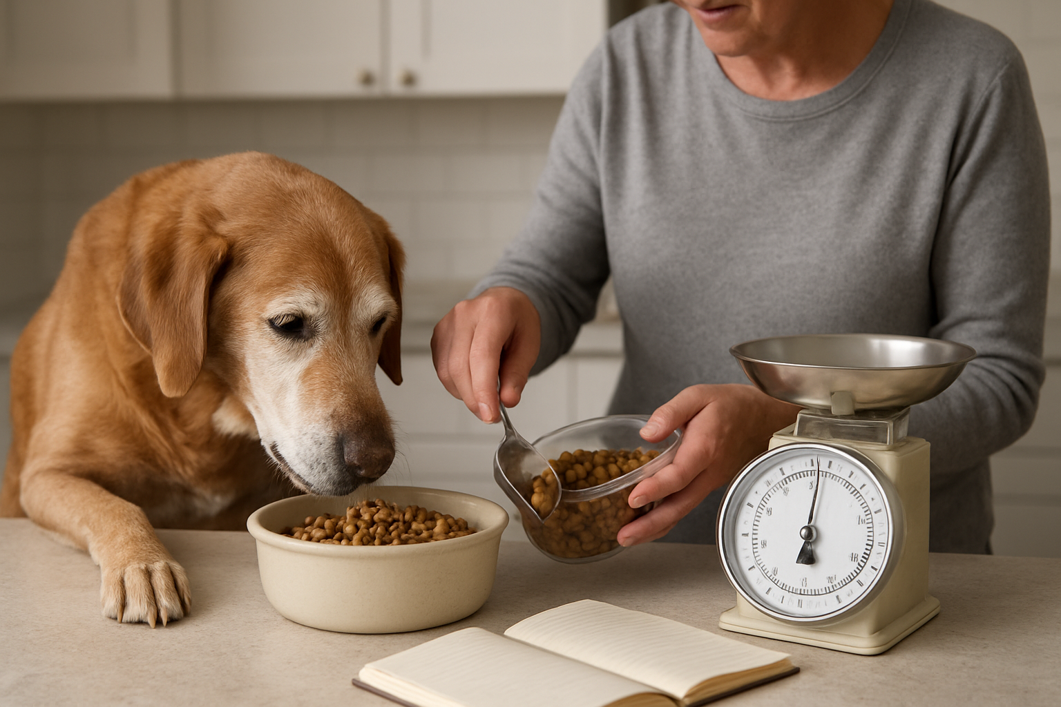 Owner measuring food for a senior dog during a careful feeding transition