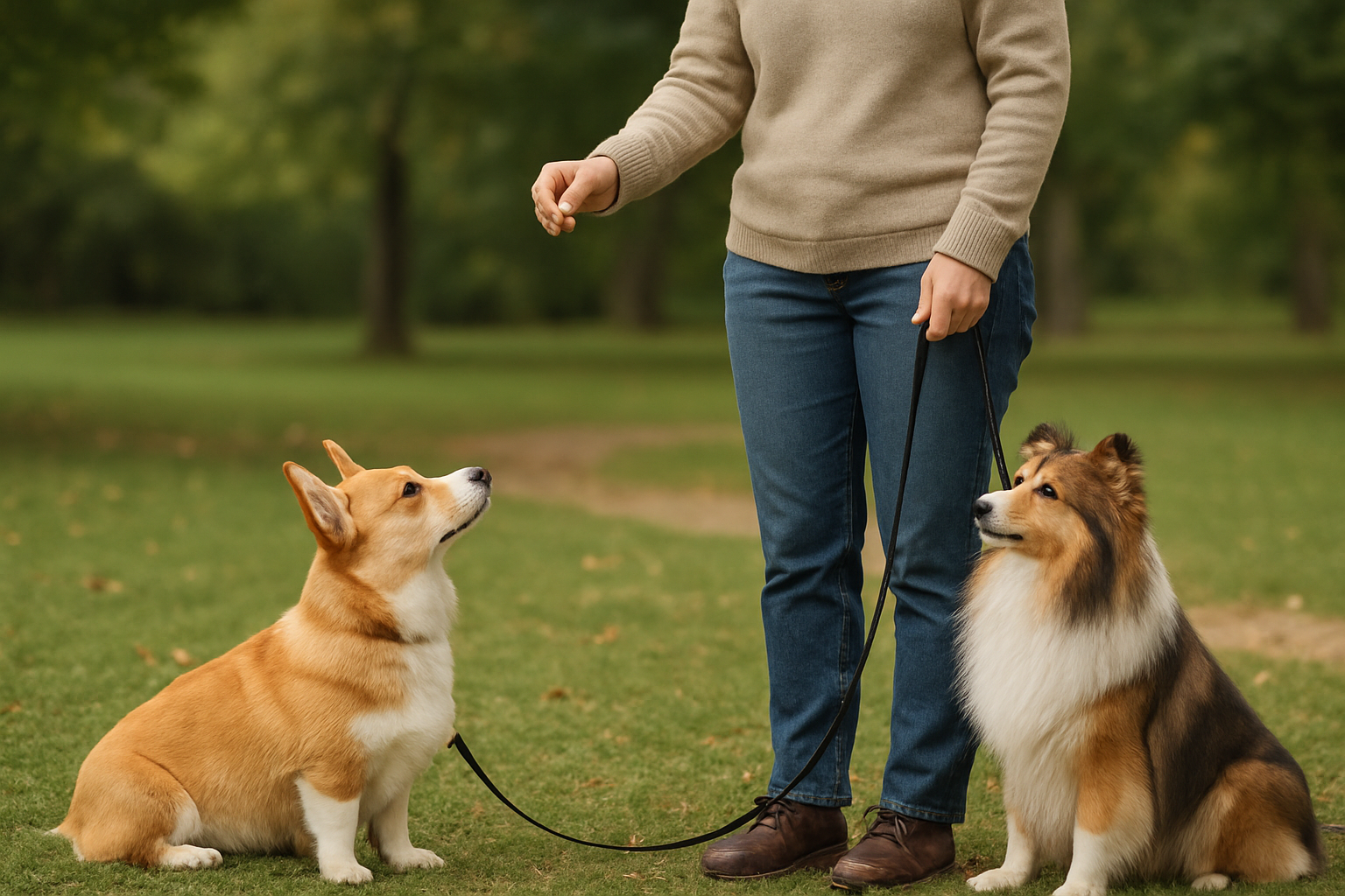 Pembroke Welsh Corgi and Shetland Sheepdog during a calm outdoor training session