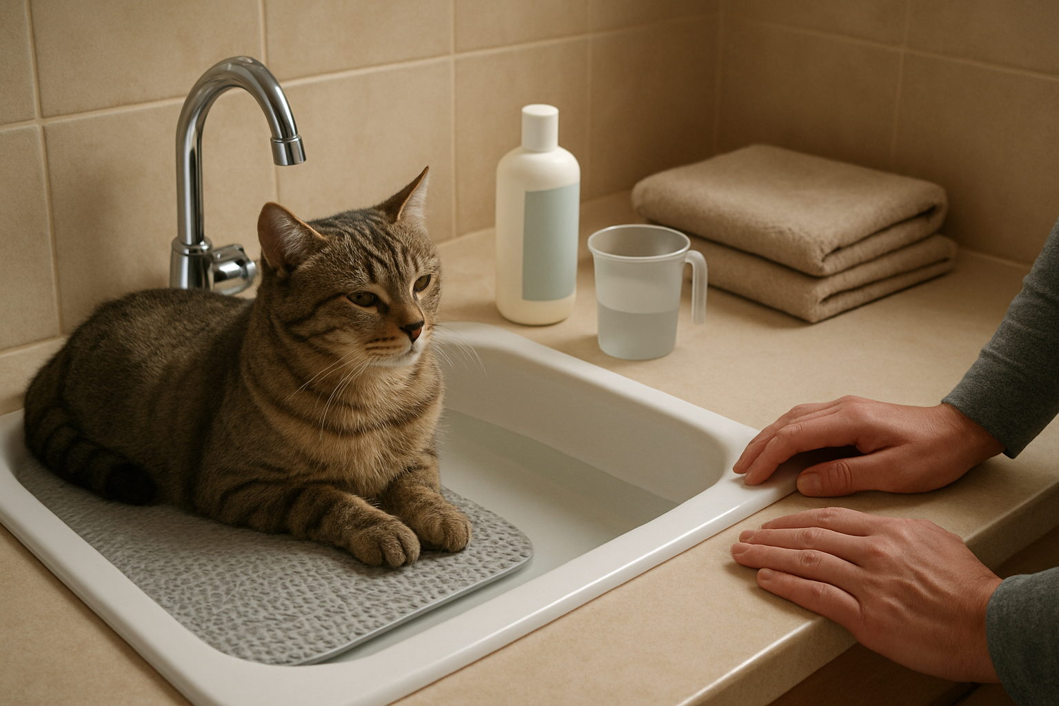 Prepared sink and supplies for bathing a cat safely