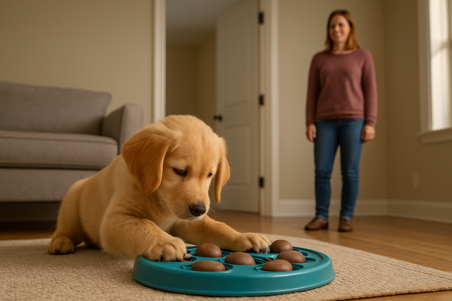 A puppy calmly practices independent settling on a mat while its owner moves away