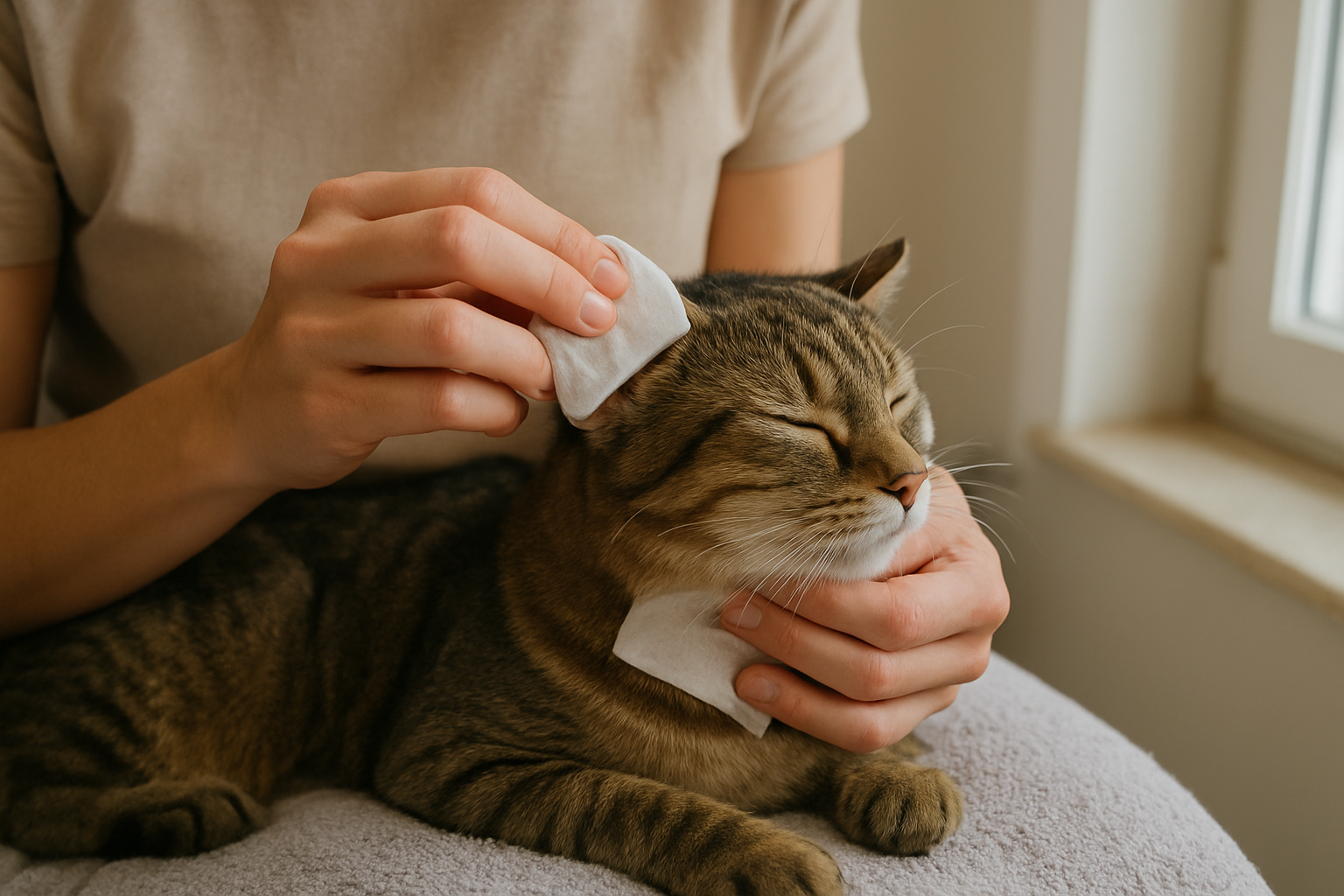 A pet owner gently wipes the visible outer part of a cat’s ear with soft gauze
