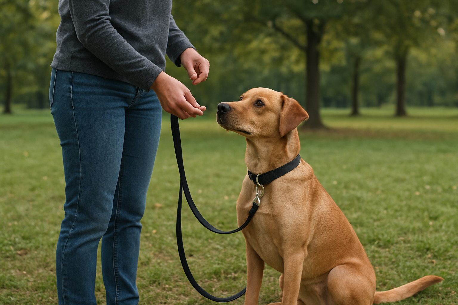 Dog owner rewarding a dog for walking calmly beside them in a park