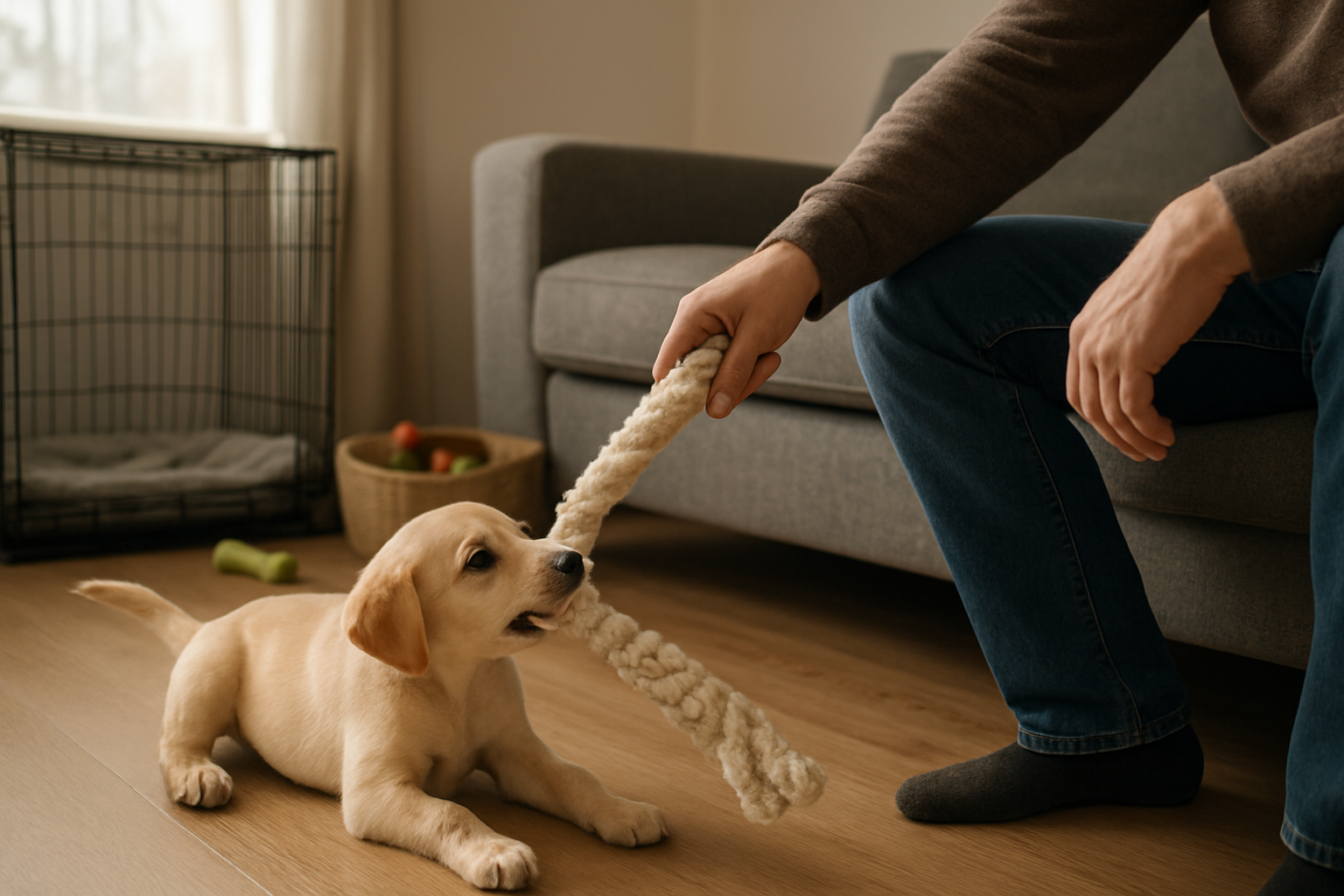 Adult redirecting a puppy from hands to a safe tug toy during training