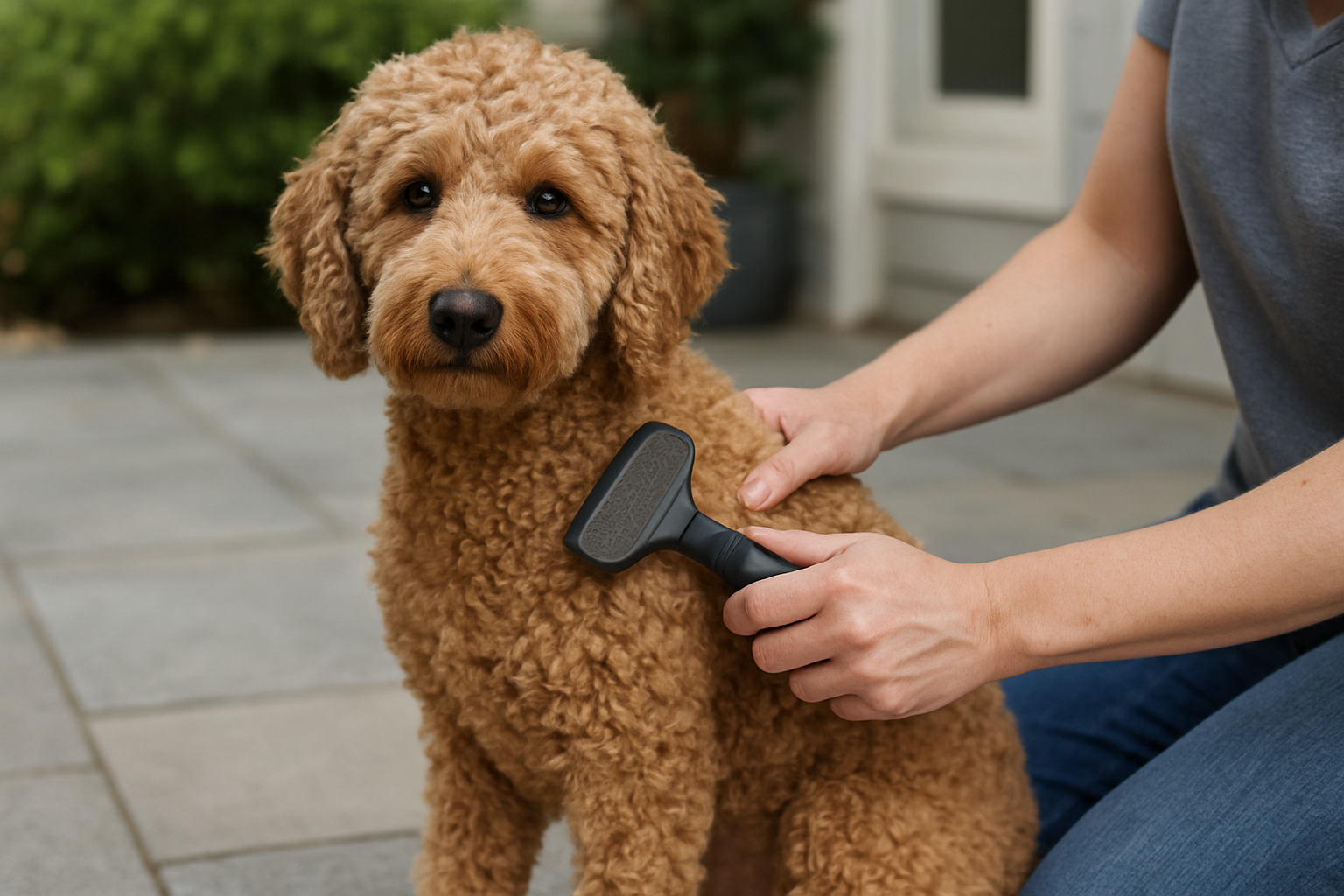 A person brushes a curly-coated doodle dog outdoors