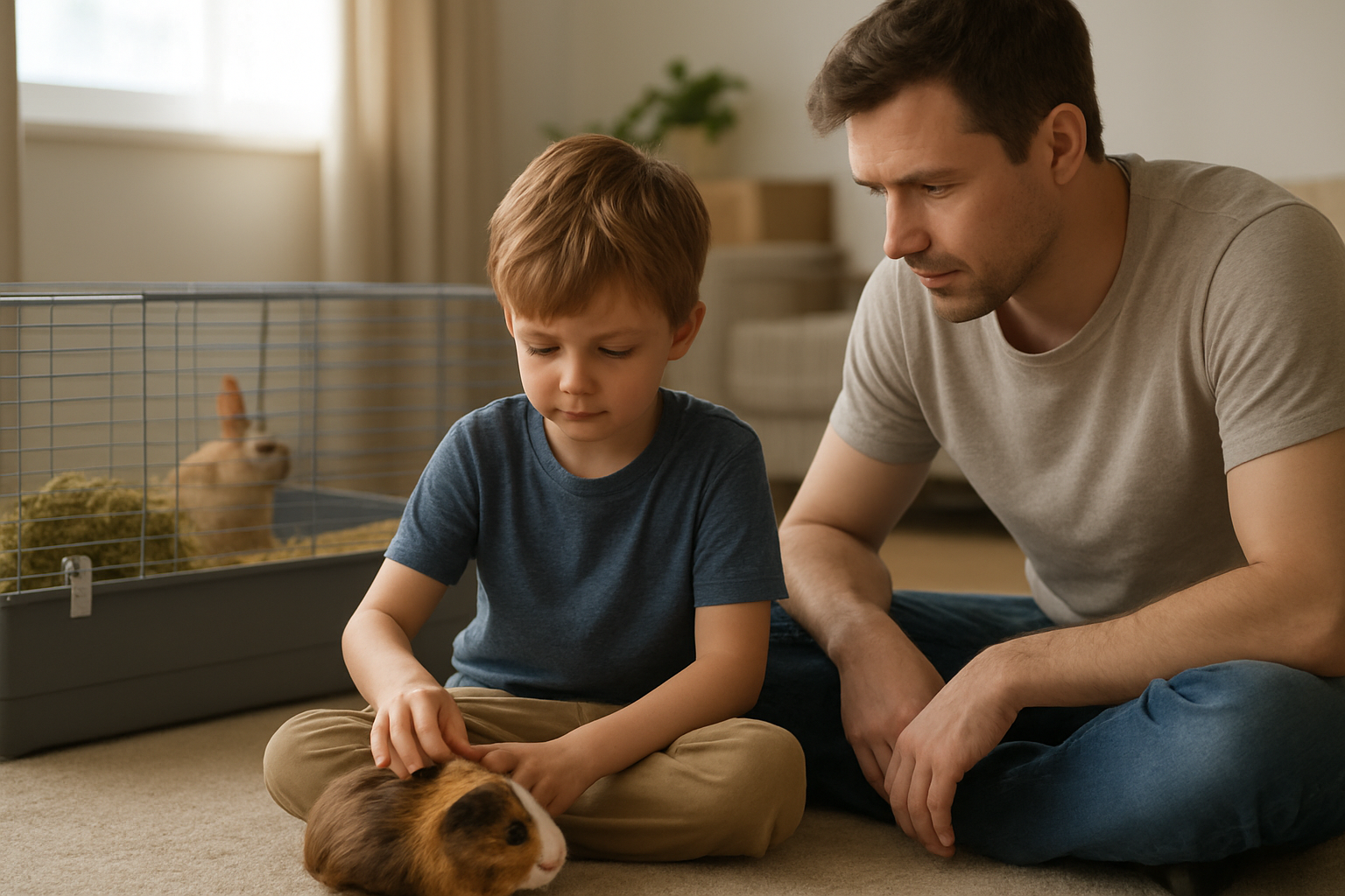 Parent supervising a child during gentle interaction with a guinea pig and rabbit
