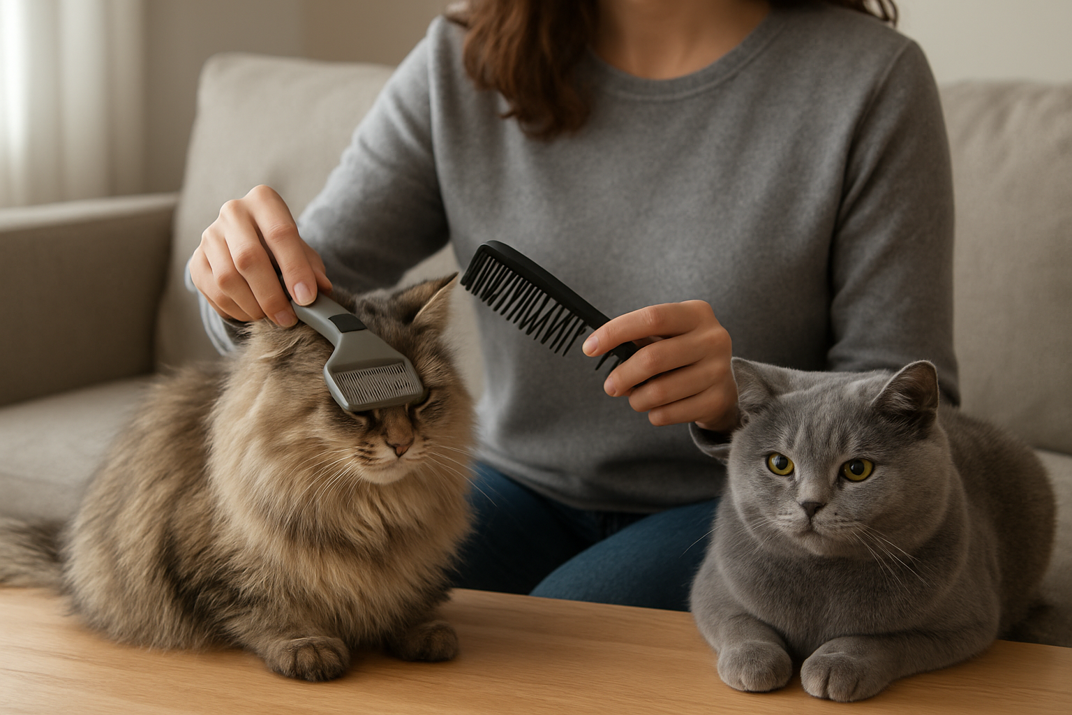 A cat owner comparing grooming needs for a Siberian and British Shorthair