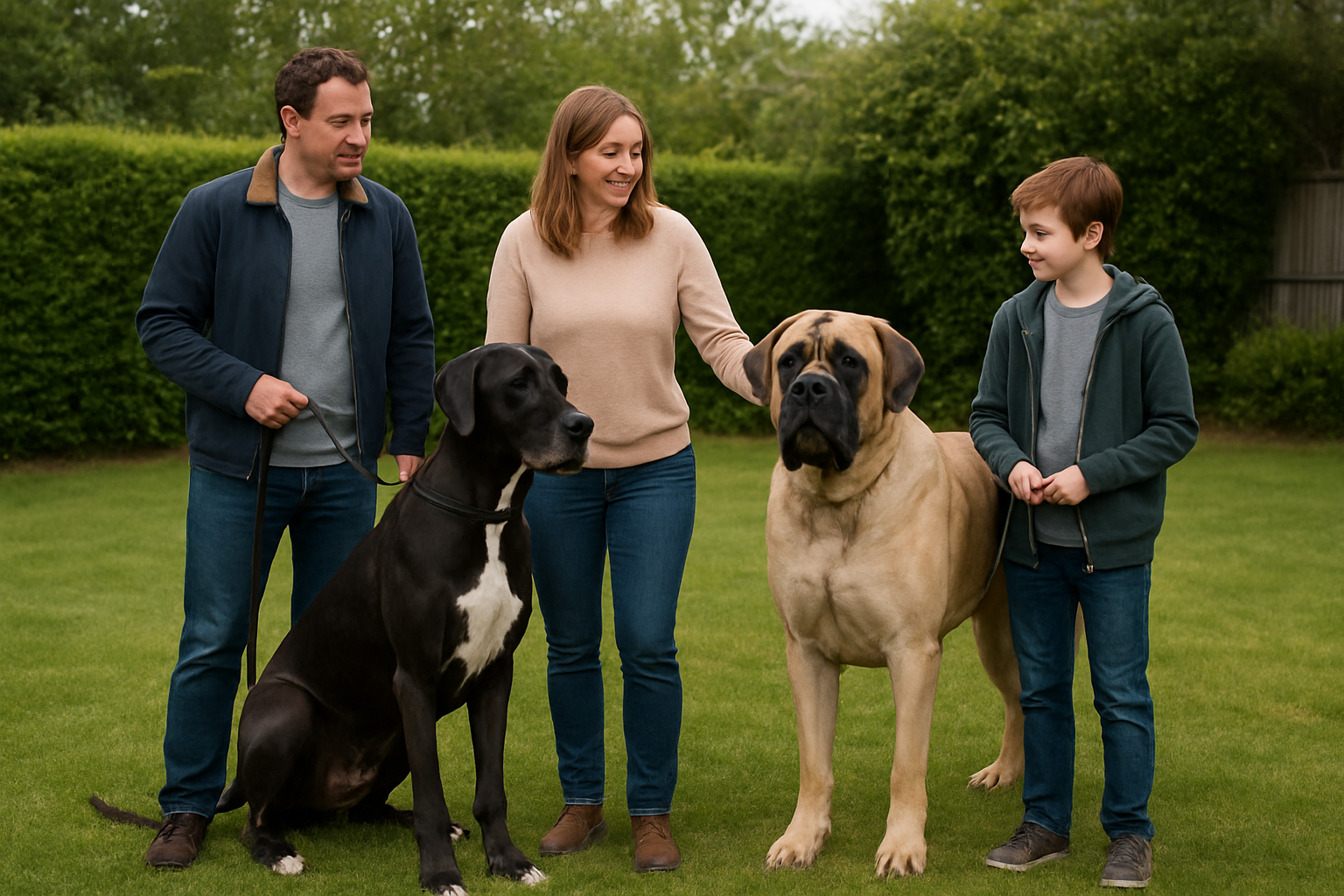 A family safely comparing a Great Dane and an English Mastiff outdoors